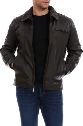 Perry Ellis Faux Shearling Collared Leather Jacket in Brown at Nordstrom Rack, Size Xx-Large