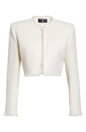 Balmain Crop Tweed Spencer Jacket in 0Fa White at Nordstrom, Size 12 Us