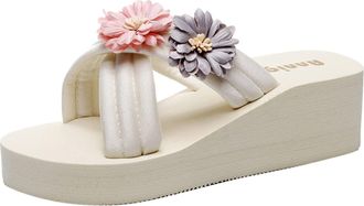 Generic Fashion Spring Summer Ladies Slippers Thick Platform Heel Lightweight Solid Tone Floral Casual Beach Design (Beige, 5.5)