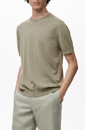 Mango Short Sleeve Cotton Crewneck Sweater in Khaki Green at Nordstrom, Size Medium