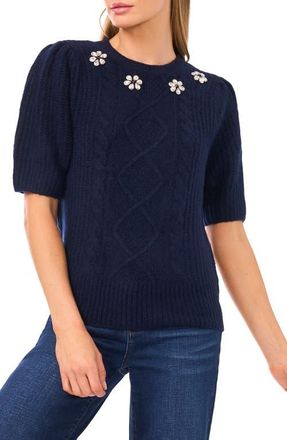 CeCe by Cynthia Steffe Faux Jewel Embellished Cable Puff Sleeve Sweater in Classic Navy at Nordstrom, Size Medium