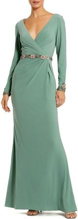 Mac Duggal Jersey Long Sleeve V Neck Gown With Beaded Belt in Sage at Nordstrom, Size 14