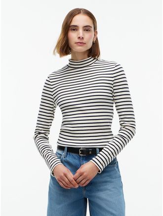 Tommy Hilfiger Womens Slim Fit Striped Mockneck T-Shirt - Navy Stripe - XXL