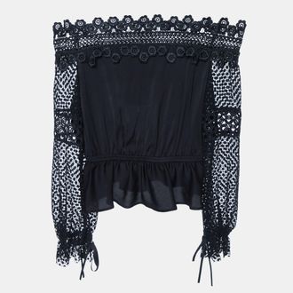 Self Portrait Black Crepe & Lace Off-Shoulder Top