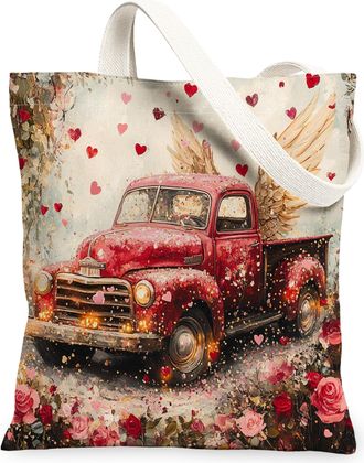 Generic Heart Canvas Tote Bags, Vintage Truck Floral Pattern Reusable Grocery Bags, Valentines Day Lightweight Washable Shoulder Strap for Travel 13x15 Inch