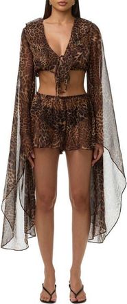 Naked Wardrobe Leopard Print Ruffle Tie Crop Top in Spotted Leopard at Nordstrom, Size X-Large