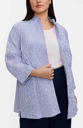 Foxcroft Carolina Stripe Crinkle Jacquard Button-Up Shirt in Blue/White at Nordstrom, Size 2 X