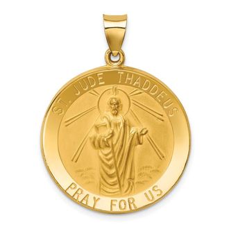 Diamond2Deal 14k Yellow Gold and Satin Large Hollow St. Jude Thaddeus Medal Round Pendant