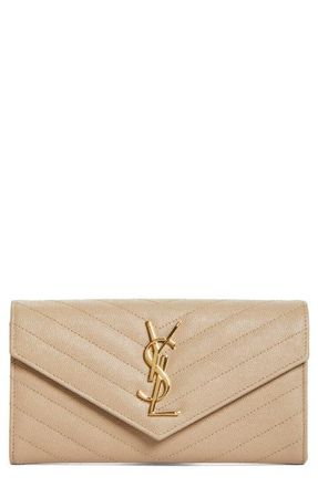 Saint Laurent Monogramme Logo Leather Flap Wallet in 2721 Dark Beige at Nordstrom