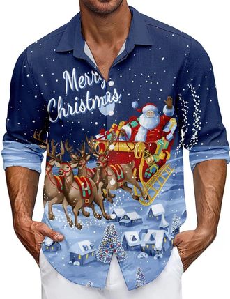Generic Mens Christmas Shirt Xmas Holiday Party Dress Shirts Long Sleeve Snow Print Christmas Tree Shirt Casual Button Down Tshirt Funny Xmas Hawaiian Shirt f