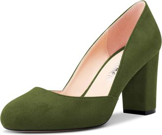 Castamere Women Chunky Block High Heel Round Toe Pumps Court Shoe Slip-on Office Party Dress 8.5 CM Heels Shoes Green D 5 UK