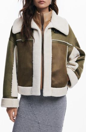Desigual Edimurgo Faux Shearling Jacket with Faux Leather Bib in Green at Nordstrom, Size X-Large