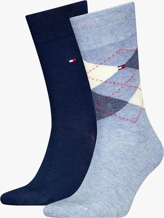 Tommy Hilfiger Mens Tommy Hilfiger 2 Pack Mens Crew Checked Socks Blue Combo - Size: 9/9.5/11/10.5/10/11.5/12