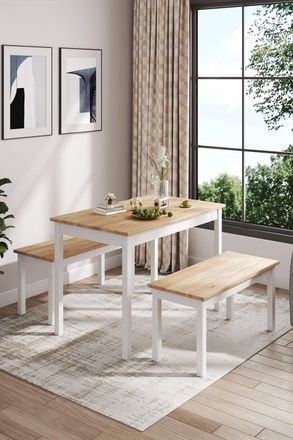 Living and Home 3Pcs Modern Rectangular Pine Dining Table and Bench Set in Natural