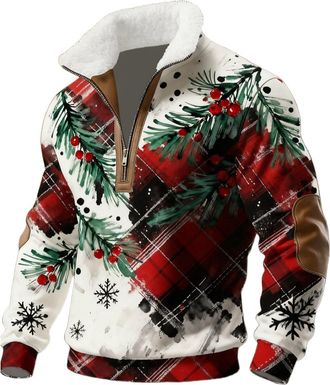 Generic Christmas Jumpers for Men 1/4 Zip Fleece Ugly Christmas Sweatshirt Mens Long Sleeve Snowflakes Printed Xmas Jumper Pullover Winter Thermal Warm Xmas S