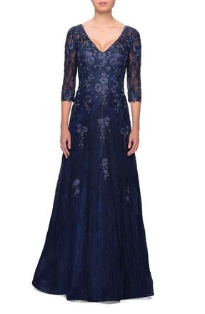 La Femme Three Quarter Sleeve A-line Dress with Lace and Beads in Navy at Nordstrom, Size 10