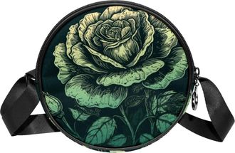 Generic Circle Crossbody Bag for Women, Green Black Rose Small Sling Bag Daypack with Zipper Adjustable Shoulder Straps Casual Ladies Girls Round Purse