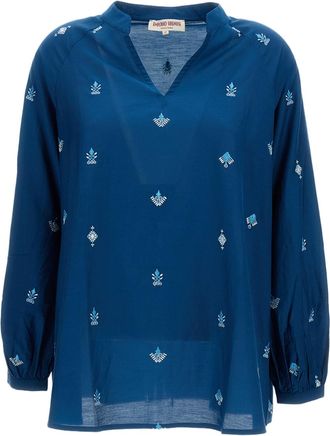 Emporio Sirenuse Embroidered Cotton-Silk Flared Blouse
