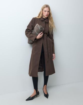 Pieces cappotto lungo elegante effetto lana con cintura in vita marrone