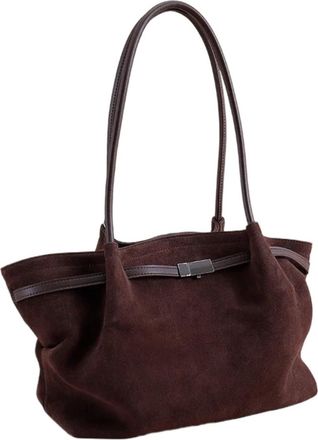 Generic Compatible For Coffee Color Large Trapeze Tote Frosted Cow Skin Women Commuter Shoulder Bag Suede Retro Leisure Ladies Handbag(Coffee)