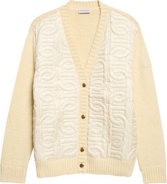 Moncler Mixed Media Chain Quilt Cotton Blend Cardigan in Beige at Nordstrom, Size X-Small