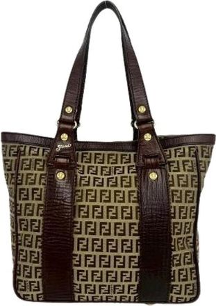 Fendi Pre-owned Zucchino Canvas Leather Tote Bag - Dames - Vintage Shopper - Bruin - ONE Size - Leer - Vintage