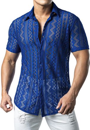 JOGAL Mens Floral Lace Shirt See Through Short Sleeve Casual Button Down Shirts Royal Blue XX-Large