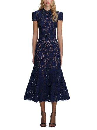 Self Portrait Navy Guipure Lace Midi Dress with Puff Sleeves
