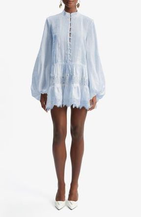 Bardot Antonia Lace Trim Long Sleeve Cotton & Linen Minidress in Soft Blue at Nordstrom Rack, Size 4
