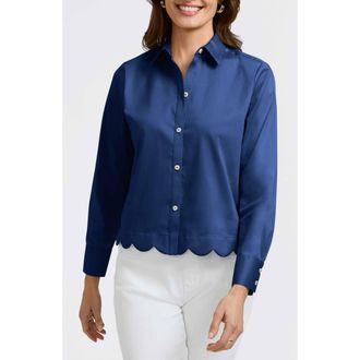 Foxcroft Scarlett Scallop Hem Button-Up Shirt in Navy at Nordstrom, Size X-Large