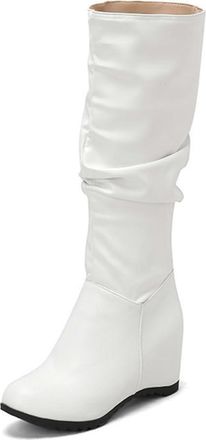 Generic Womens Slip On Hidden Wedges Heel Round Toe Mid Calf Slouch Riding Boots for Winter (5.5,White)