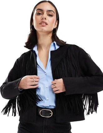 New Look Giacca in camoscio sintetico nero senza colletto con frange