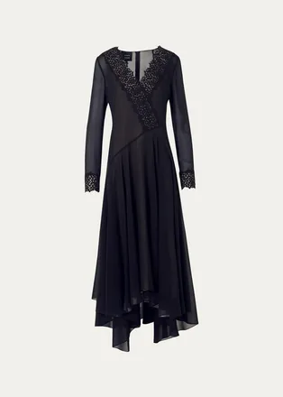 Akris Lace V-Neck Silk Georgette Asymmetric Midi Dress