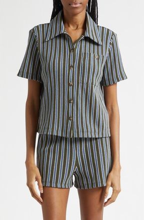 Veronica Beard Kyan Stripe Cotton Blend Knit Button-Up Shirt in Army Blue Multi at Nordstrom, Size X-Large