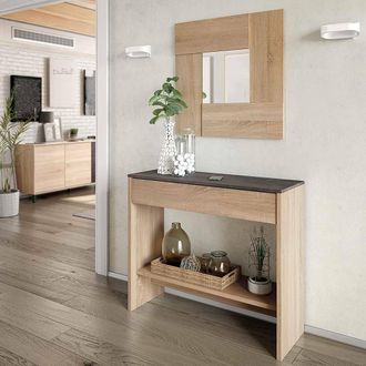 Dmora Mueble De Entrada Ddrag, Pasillo Con Espejo, Mueble Con Cajonera Y Balda Para Entrada, Armario De Entrada Moderno, 92x33h149 Cm, Roble Y Nogal - Dmora