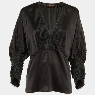Roberto Cavalli Black Silk Floral Applique Detail Blouse M