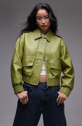 Topshop Textured Faux Leather Crop Bomber Jacket in Green at Nordstrom Rack, Size Small