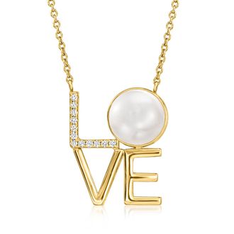 Ross-Simons 11-11.5mm Cultured Pearl and. Diamond Love Necklace in 18kt Gold Over Sterling