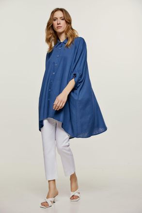 M&oacute;veis Conquista Oversized blauwe blouse in linnenstijl met pofmouwen