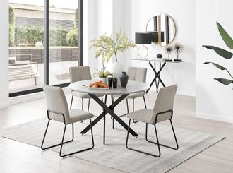 Furniturebox Novara Grey Concrete Effect Black Leg 120cm Round Dining Table & 4 Halley Chairs in Beige