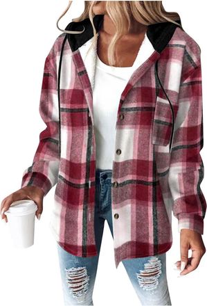 Generic Womens Hooded Flannel Shirt Jacket Fleece Sherpa Lined Plaid Shirts Button Down Fall Winter Coats with Hood Checked Shacket Lumberjack Autumn Outfits 