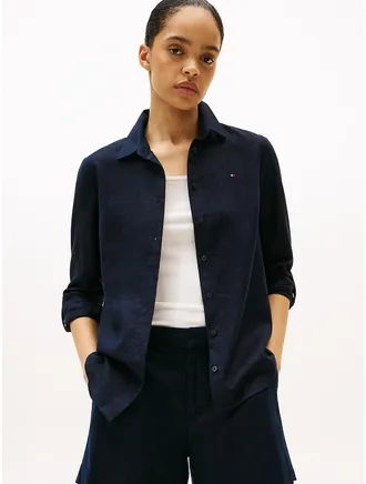 Tommy Hilfiger Womens Relaxed Fit Linen-Blend Shirt - Navy - XXL
