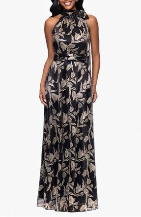 Betsy & Adam Metallic Floral Sheath Gown in Black/Gold at Nordstrom Rack, Size 6