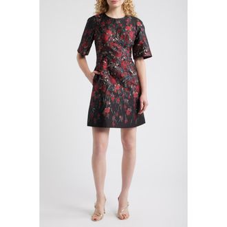 Vince Camuto Metallic Floral Jacquard Elbow Sleeve Fit & Flare Dress in Red at Nordstrom Rack, Size 6