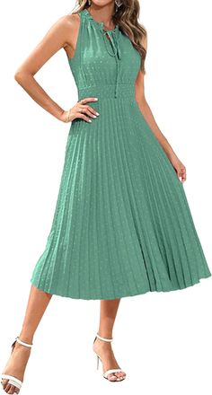 Generic Engagement Dresses for Photoshoot Midi Summer Dresses Casual V Neck Swiss Dot Ruffle Sleeveless A Line Sun Dress Light Green