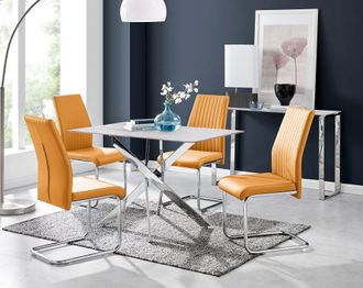 Furniturebox Leonardo White Glass Marble Effect Silver Leg Table & 4 Lorenzo Chairs in Mustard