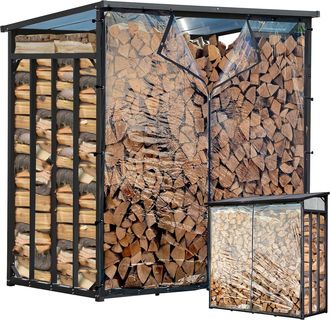 Quick-Star Metall Kaminholzregal Au&szlig;en 185 X 100 X 185 Cm Mit Wetterschutz Transparent, Basic - 30 Mm Stahlprofil, Anthrazit, Wetterfest, Kapazit&auml;t 3,5 M&sup3; (5 Srm