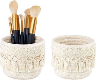 OEM Juego De 2 Mini Cestas De Almacenamiento Para Brochas De Maquillaje - Estilo Bohemio - Color Marfil (10 X 10 Cm)