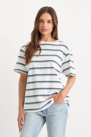 Good American Womens The OverSized T-Shirt | Harbor Stripe Cloud White, Size Medium | Good American by Khlo&Egrave; Kardashian