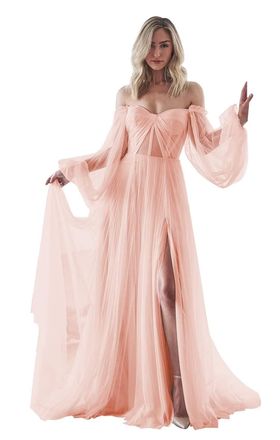 Generic Womens Puffy Sleeve Prom Dresses Sweetheart Tulle Ball Gown Long Slit Formal Evening Gown Princess Wedding Dresses Peach M